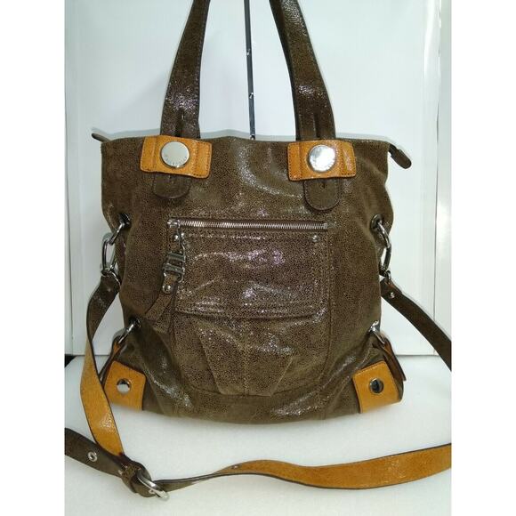 B. Makowsky Brown Metallic Leather Large Satchel Shoulder Bag - Picture 2 of 12